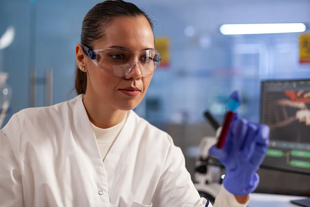 medical-researcher-scientist-analyzing-blood-jar-sample-development-test-chemical-laboratory-professional-woman-with-lab-coat-glasses-gloves-finding-treatment-healthcare